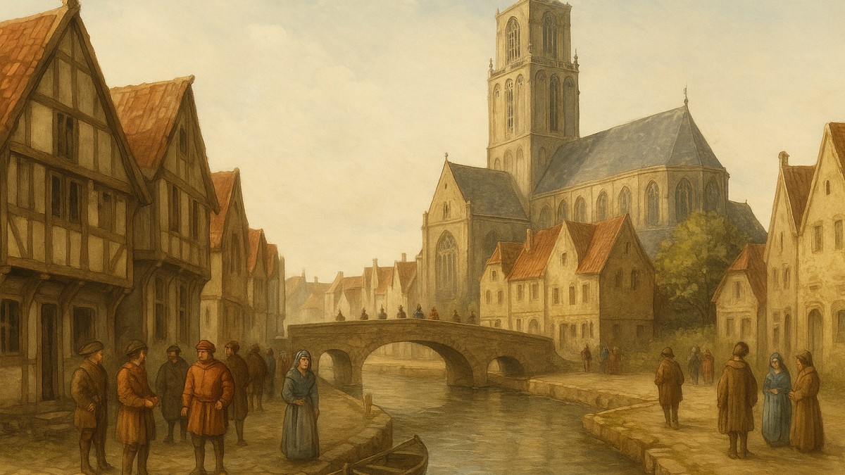 Middeleeuws Rotterdam met de Laurenskerk, houten huizen en kooplieden langs de gracht Titel: Rotterdam in de middeleeuwen